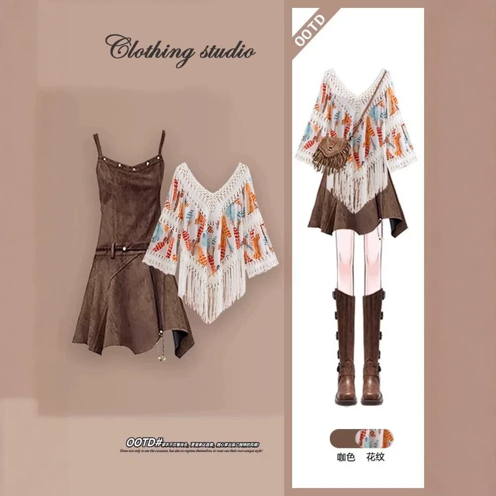 Plus Size Summer Yunnan Travel Outfit Set for Women, Ethnic Style Hollow Cover-Up, Vintage Dress and Skirt Two-Piece Set