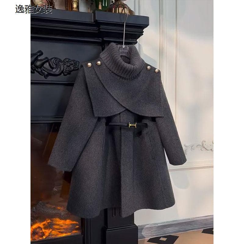 Girls' clothing jacket autumn and winter new woolen coat cloak medium and large children's removable shawl mid-length high-end parent-child
