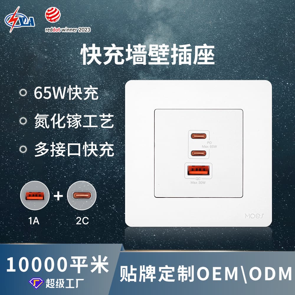 PD65W Super Fast Charge Wall Socket, Gallium Nitride 86-Type TYPE-C+USB Fast Charging Socket Panel