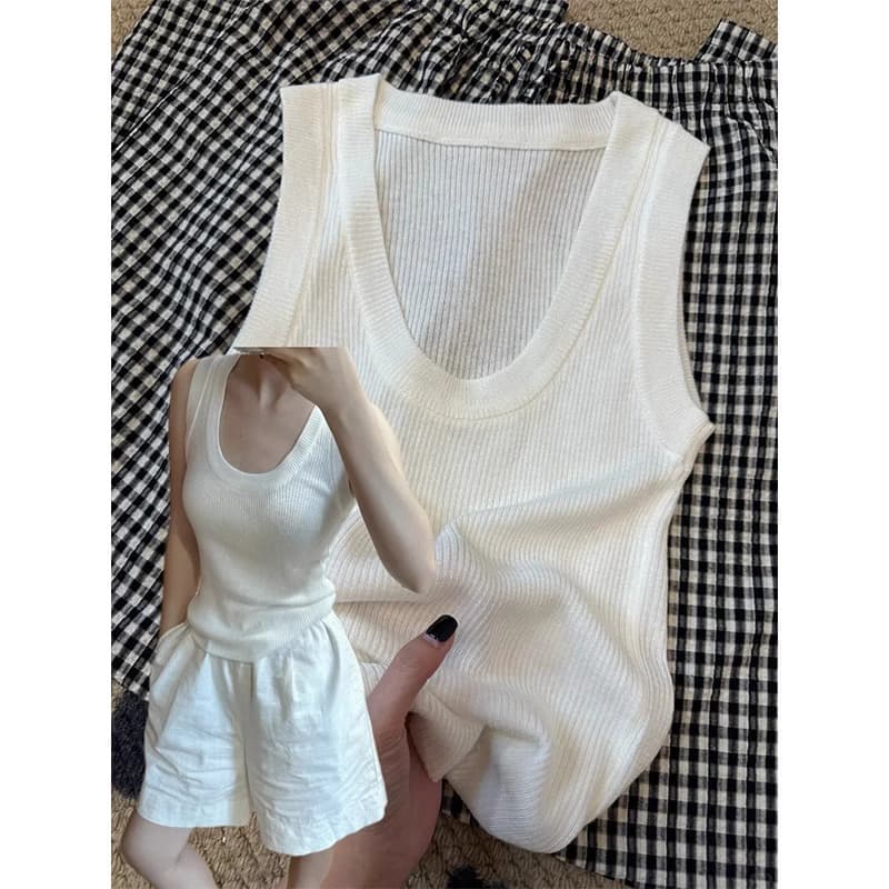 Clearance Sale – Brand Ice Silk U-Neck Knit Camisole Women's Ribbed Sleeveless Top Casual Outerwear Vest
