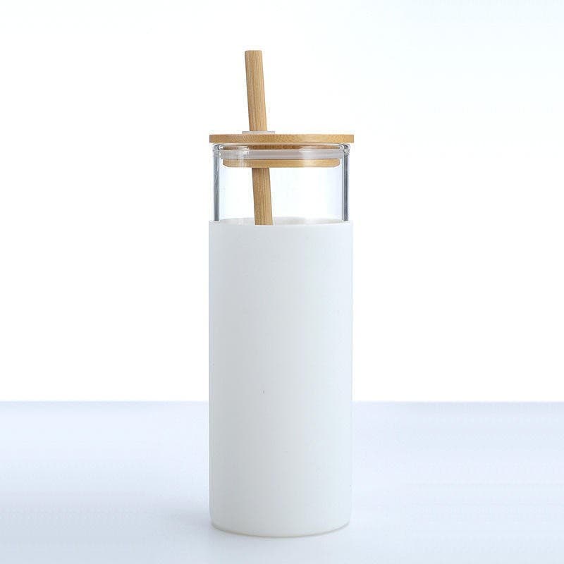 Amazon cross-border bamboo and wood straw cups with bamboo lids, silicone sleeves, heat-insulating glass cups, wholesale, logo printing, high-temperature resistant water cups