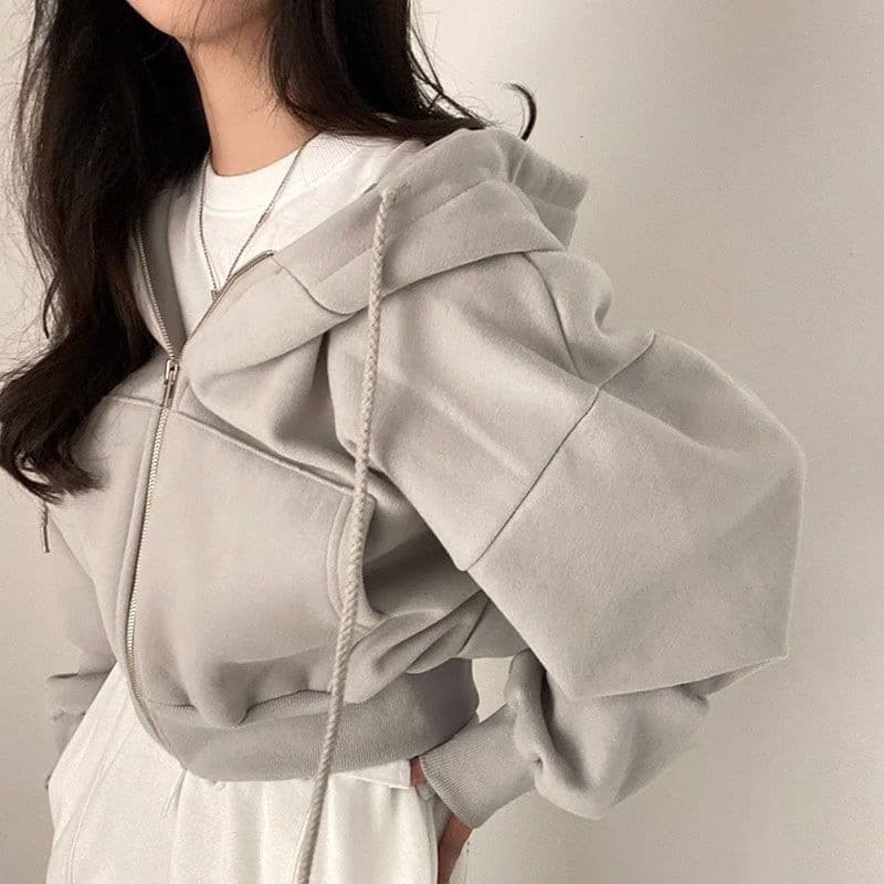 2025 Spring/Autumn Solid Color Fashion Trendy Loose Plus Size Short Comfortable Zip Hoodie Sweatshirt for Women