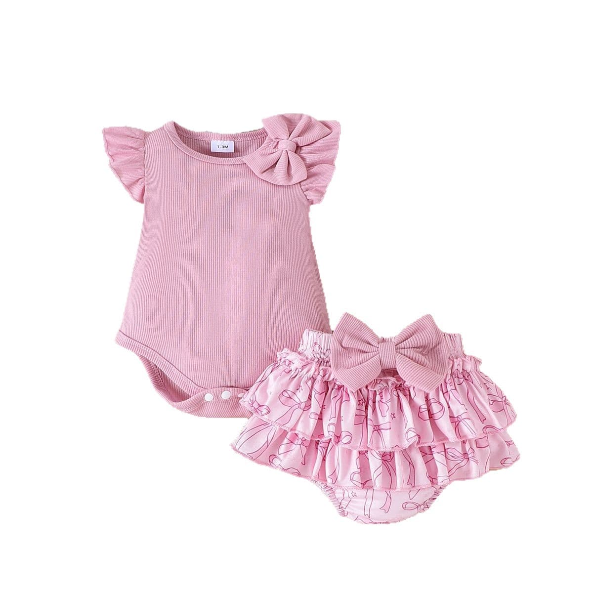 European and American Summer Infant and Toddler Girls' Set, Flutter Sleeve Romper, Double-Layer Cake Skirt Pants, Bow Hair Accessory Three-Piece Set