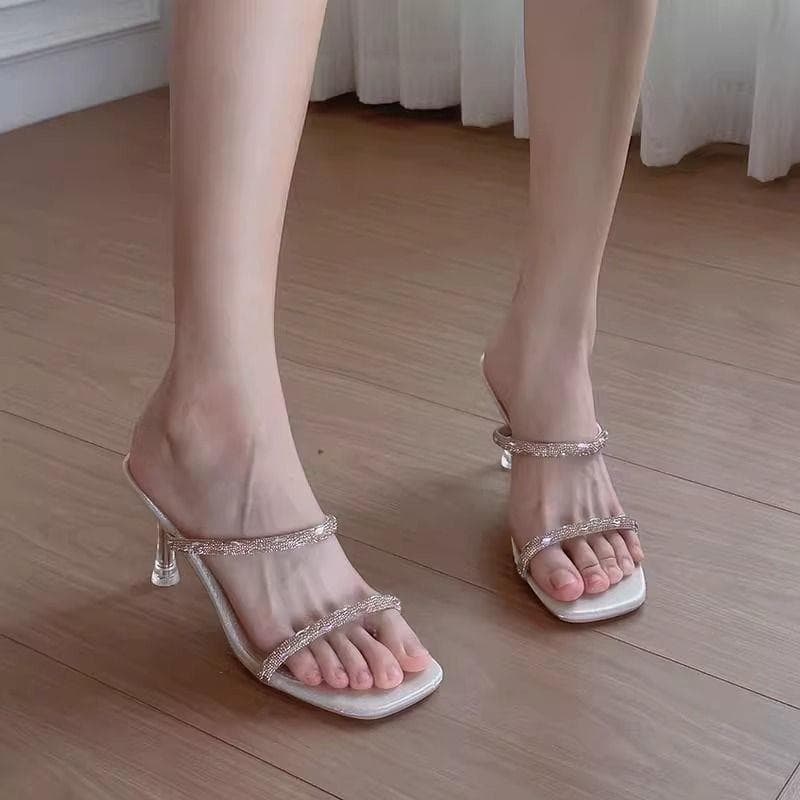 2025 Summer New High Heel Sandals Women Rhinestone One-Strap Elegant Open Toe Stiletto Transparent Slippers