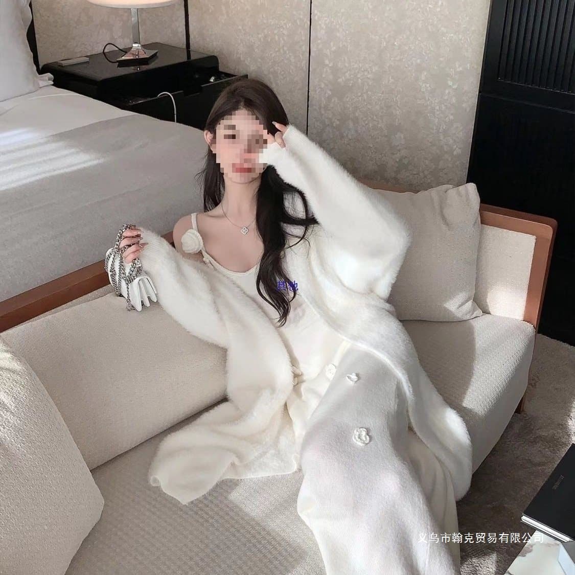 2025 new floral gentle style white knit cami dress, long-sleeve turtleneck sweater dress two-piece set.