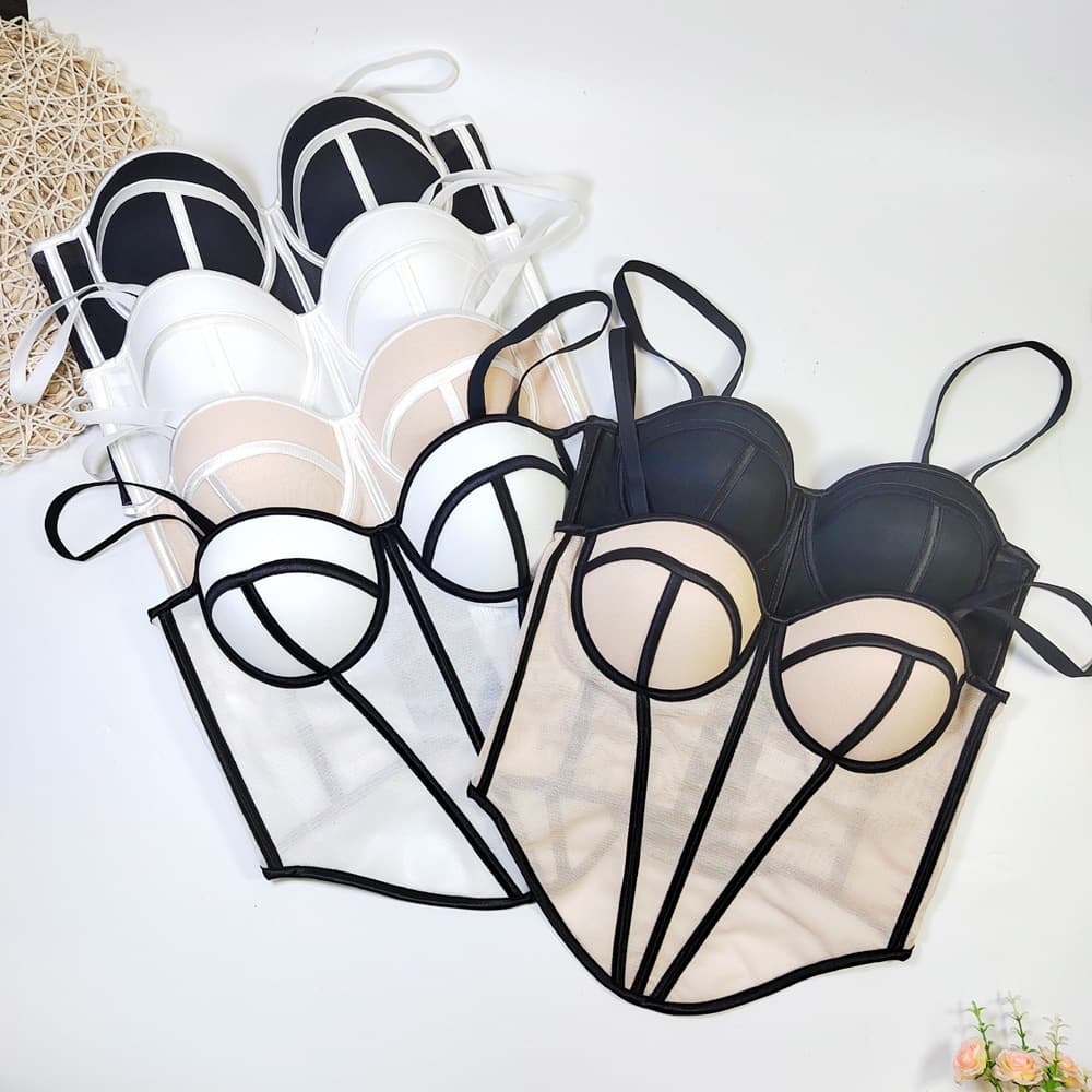 Export European and American Mesh Corset Women's Design Sense Hot Girl Line Color Block Waist Cincher Slimming Strappy Vest for Layering