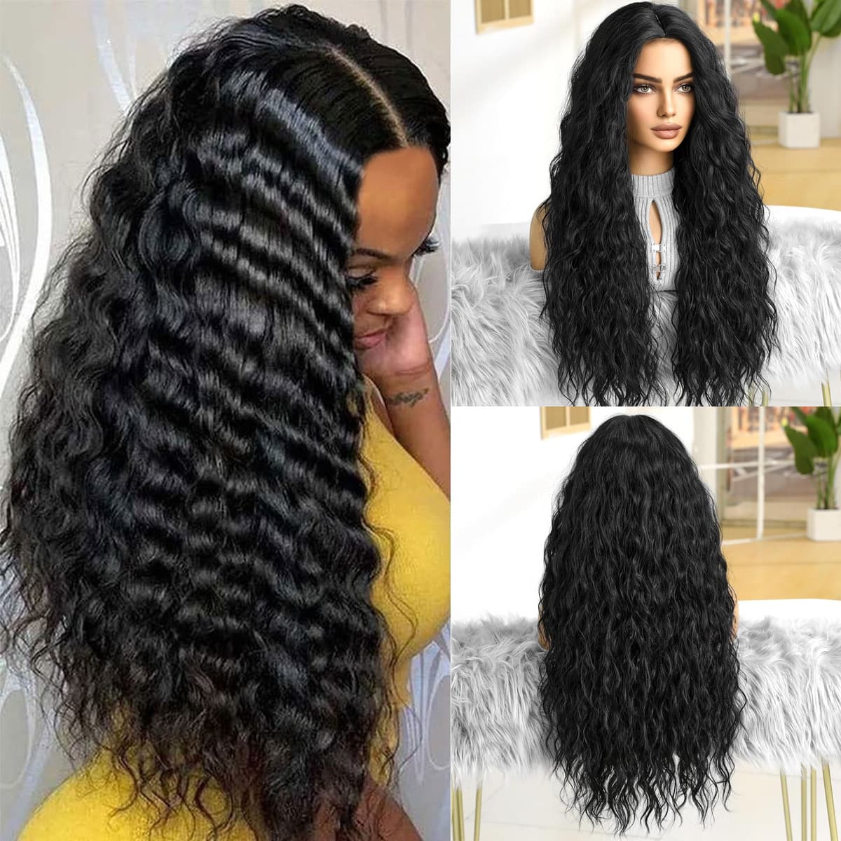 Full Wig for Women, Wool Curl Black Curly Hair, Fluffy Natural Seamless Wig for Daily Wear as Hair Replacement