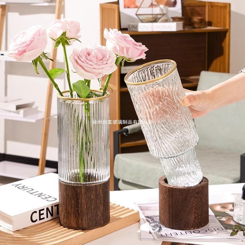 Minimalist Creative Wooden Base Glass Vase for Silver Willow Stems, Hydroponic Lucky Bamboo, Large Living Room Decorative Piece