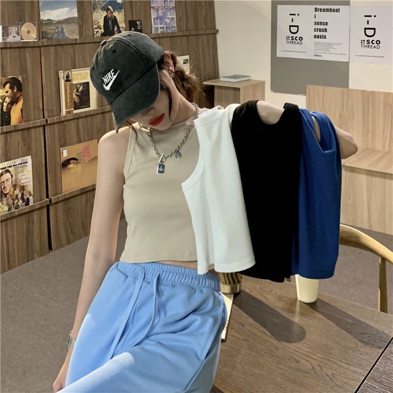 American Style Slimming Cropped Vest Tank Top with Sensible Small Round Neck, Summer 2024 New Style Women's Clothing