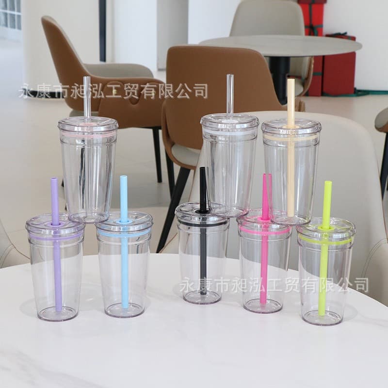 Amazon Hot Seller Single-Layer Straight-Sided Plastic Coffee Cup, Heat-Resistant Straw, Transparent Water Cup, Customizable Logo Straw Cup