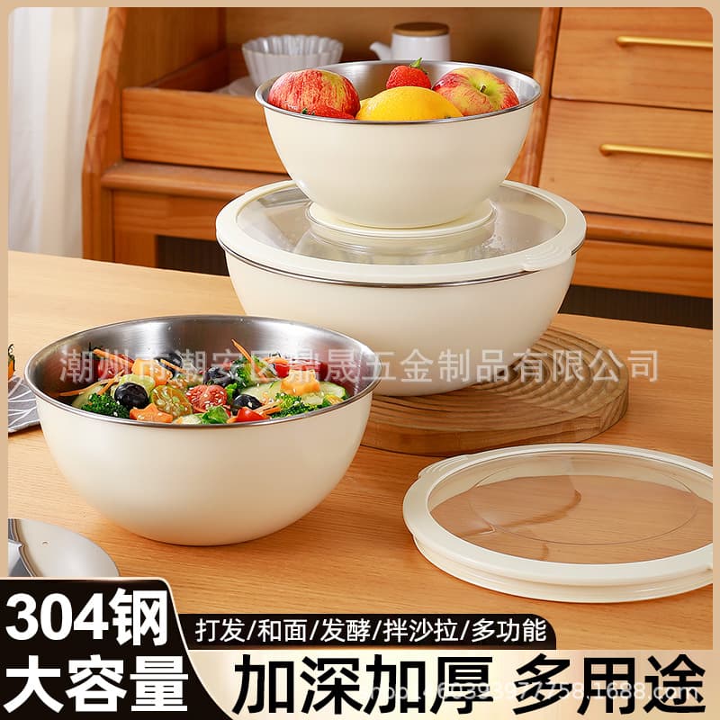 Cross-border 304 food-grade stainless steel bowl for egg beating, cold dish mixing, kitchen salad, and baking tools