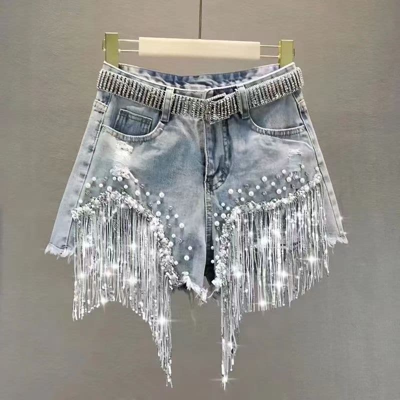 Hot Pants New Denim Shorts Women's Summer Slim Wide Legs Sequin Hot Girls Season High Waist Loose Trendy Su Blue Others