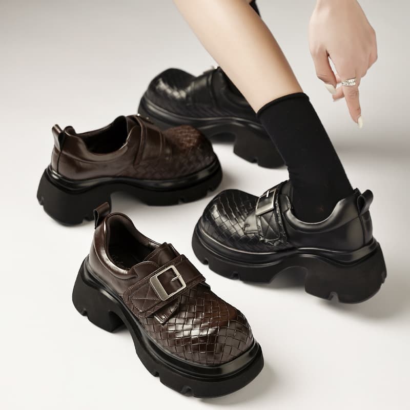 Leather Shoes Women 2026 Spring Summer New Height Increasing Flat Shoes Thick Sole Lightweight Magic Tape Big Head Shoes Vintage Burnished Women Shoes