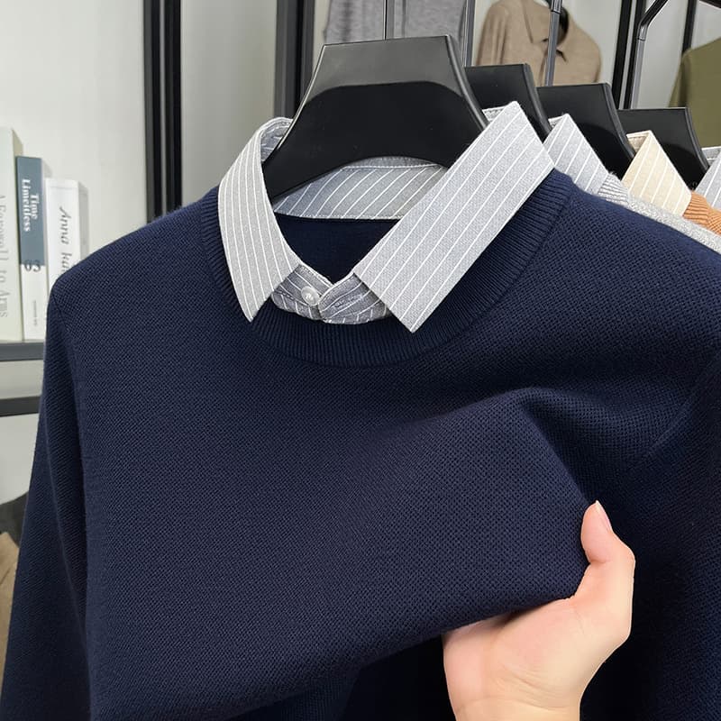 Thickened Men's Sweater Two-in-One, 2025 Autumn/Winter New Shirt Collar Casual Base Layer Knitwear, Men's High-End Feel