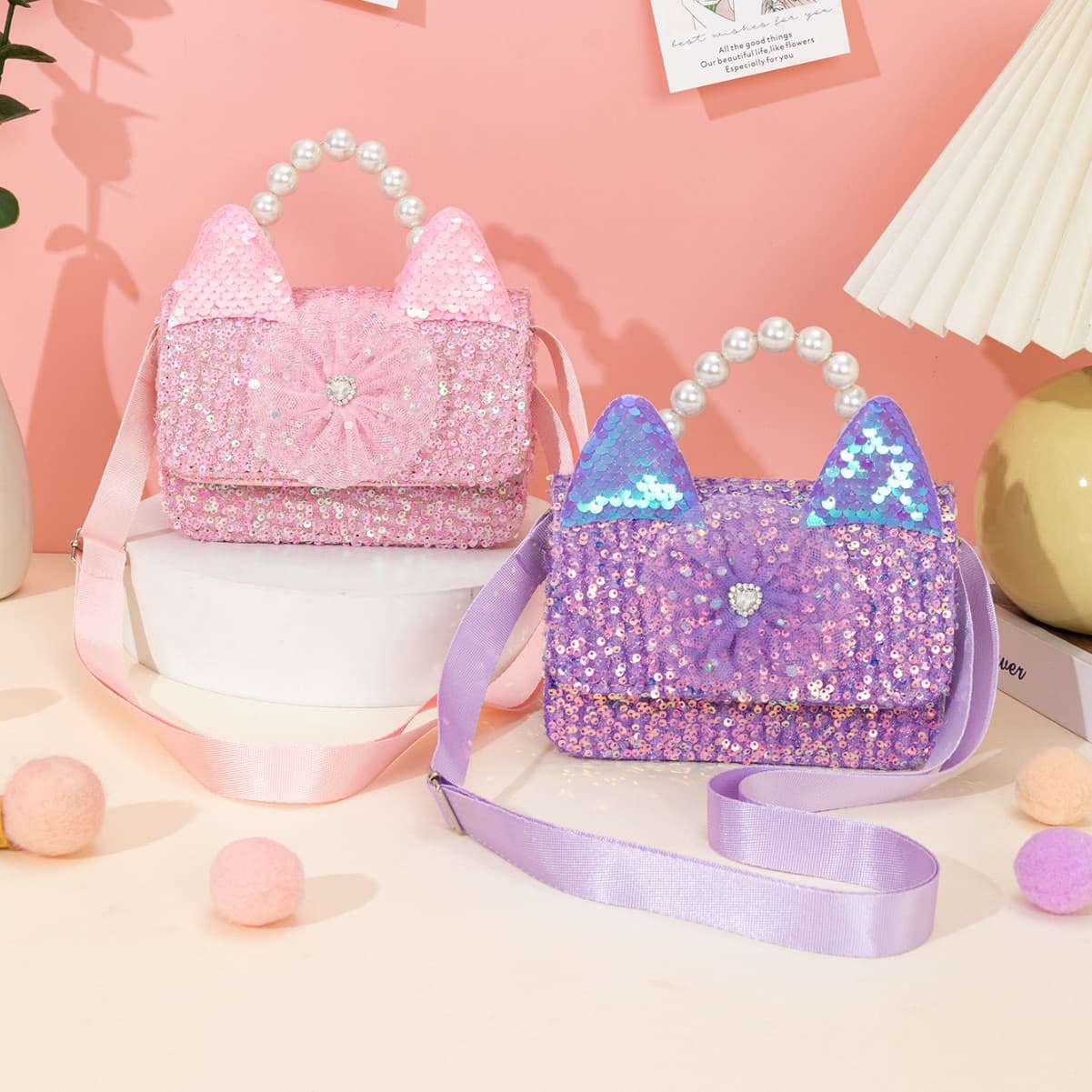 Cross-border children's bags, cute girls' cross-body bags, Mao'er pearl handbags, sequins + patches can be customized
