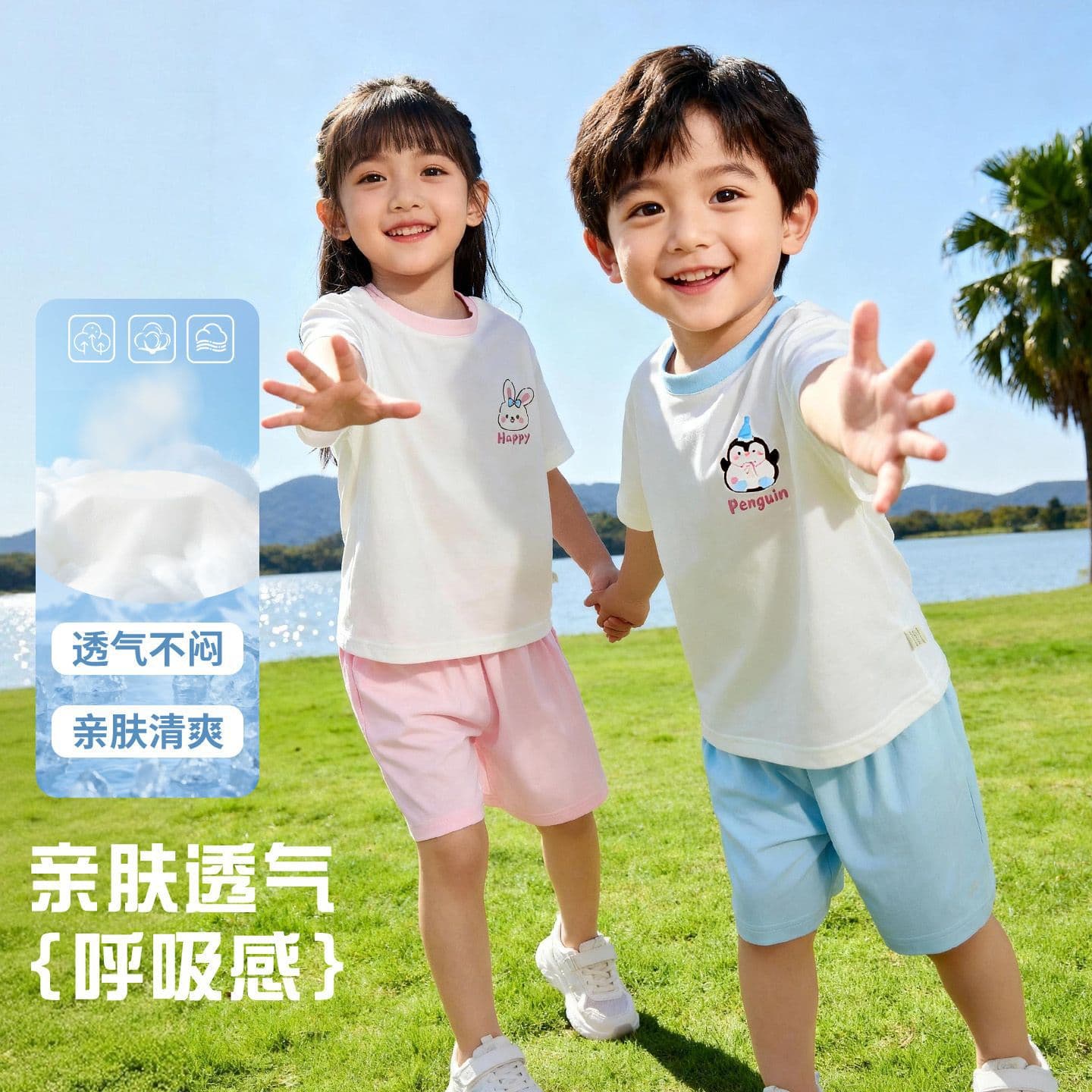 Children's pure cotton short-sleeved suit summer thin boys' outdoor sportswear girls cartoon style split two-piece set