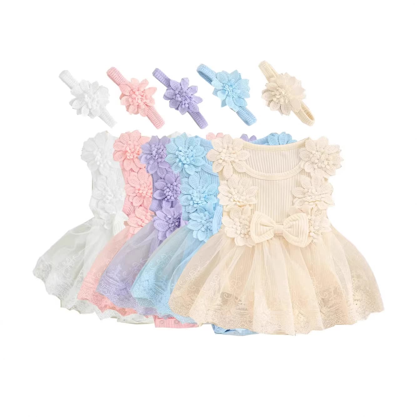 Cross-Border Spring Autumn Girl Flower Girl First Birthday Dress Romper Children Birthday Full Moon Stylish Soft Tulle Princess Flower