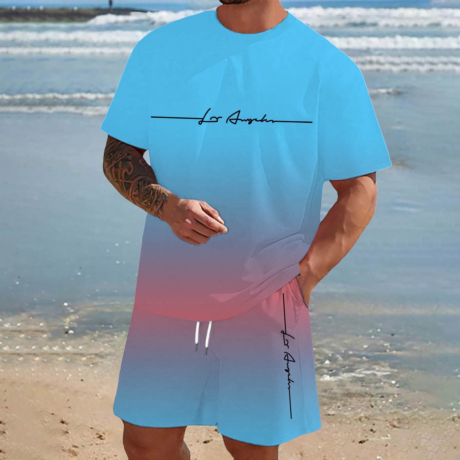 Ice Silk Cooling Set for Men Summer New Comfortable Breathable Sportswear Casual Short Sleeve and Shorts Two-Piece Set
