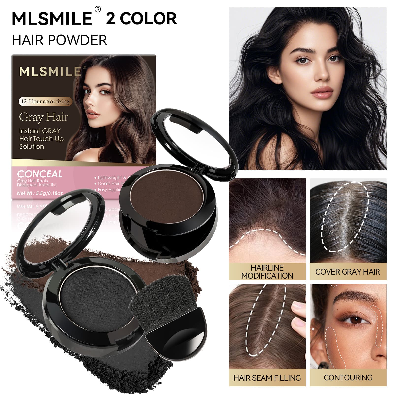 MLSMILE Hairline Powder for Thinning Hair Coverage and Gray Hair Concealer with Brush, Hairline Color Powder