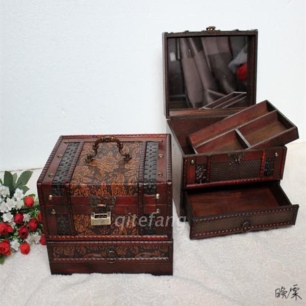 Chinese-style antique wooden jewelry box with lock, vintage wooden storage box, classic multi-layer with mirror