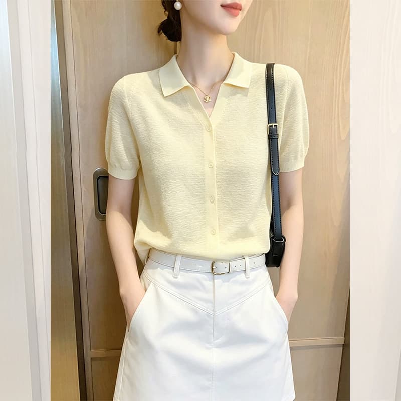 Korean Trendy High-End Polo Collar Short Sleeve Knit Top for Women, Summer Light Yellow Single-Breasted Slimming Age-Reducing Top