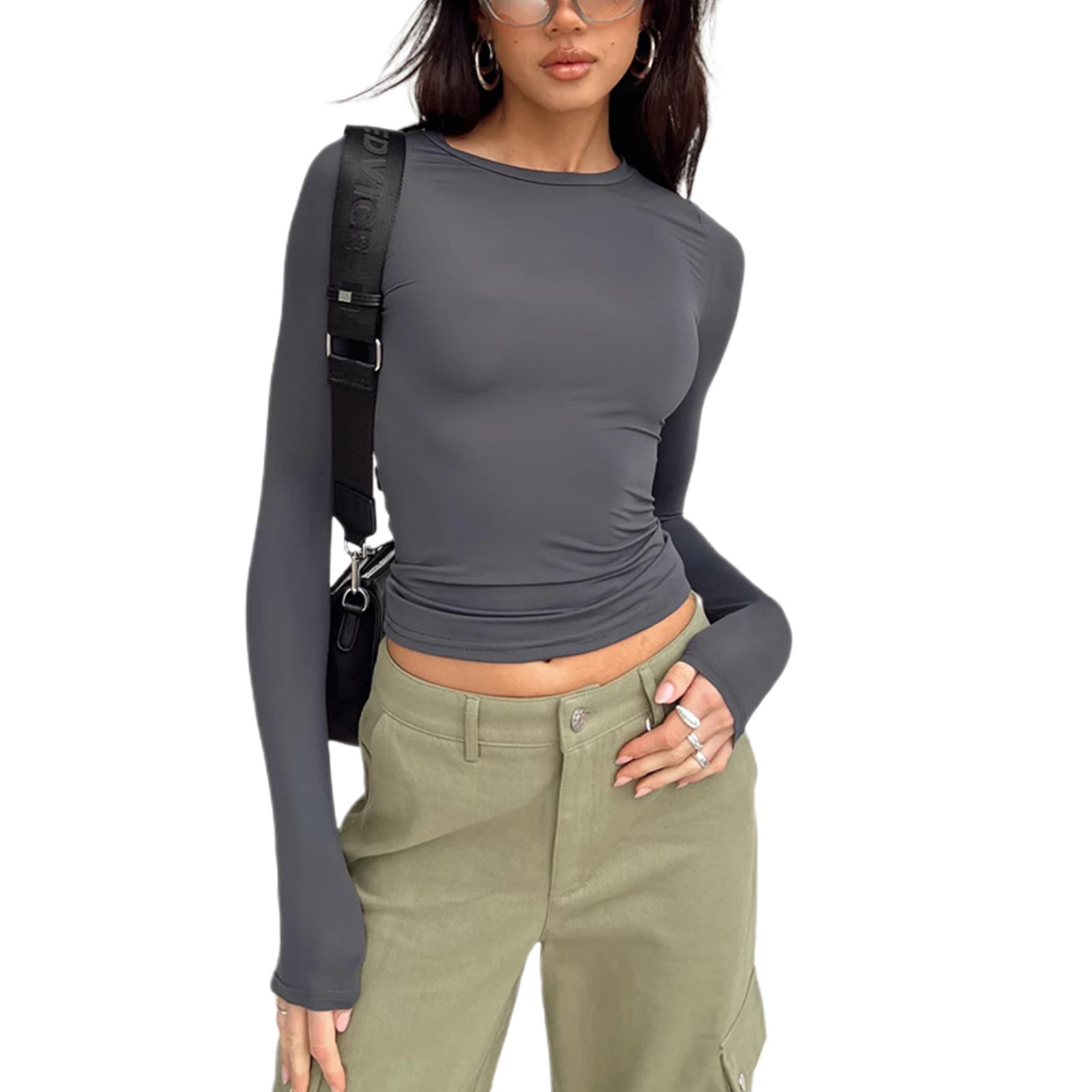 European and American popular women's casual long-sleeve T-shirt, spring and autumn solid color slim fit pullover T-shirt, women's streetwear base layer top