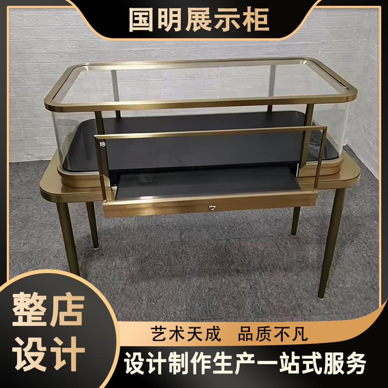 Cartier curved stainless steel jewelry display case for showcasing gold, silver watches, glasses, jade, and glass exhibits