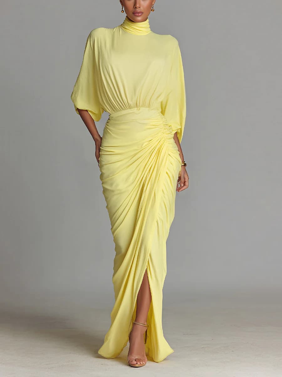 2026 Women's Fashion Dress Amazon Cross-border Yellow Pleated Waist Elegant High Neck Long Dress