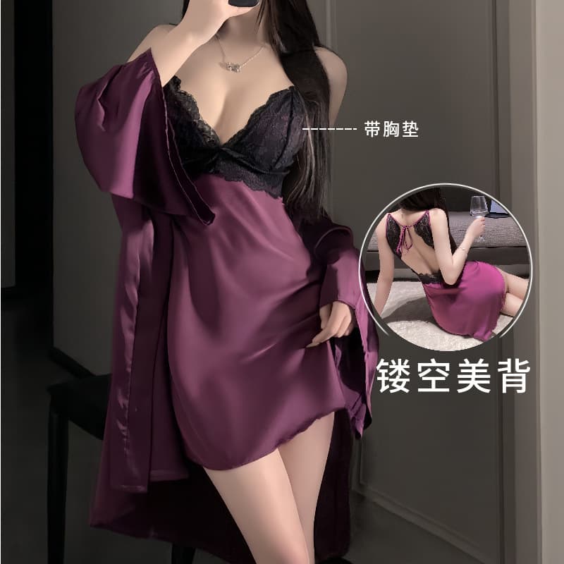 Women's Nightgown Spring/Summer with Padded Camisole Sleepwear Set 2025 New Ice Silk Sexy Lace Pure Desire Homewear