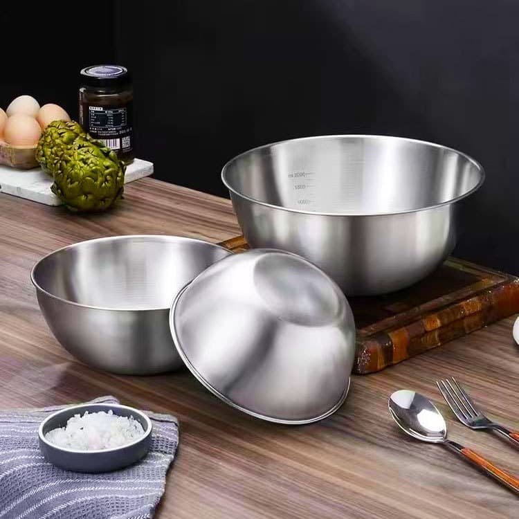 Korean-style Stainless Steel Bowl, Household Salad Mixing, Egg Whisking, Dough Kneading Basin, Kitchen Vegetable Washing Bowl with Measurement Marks