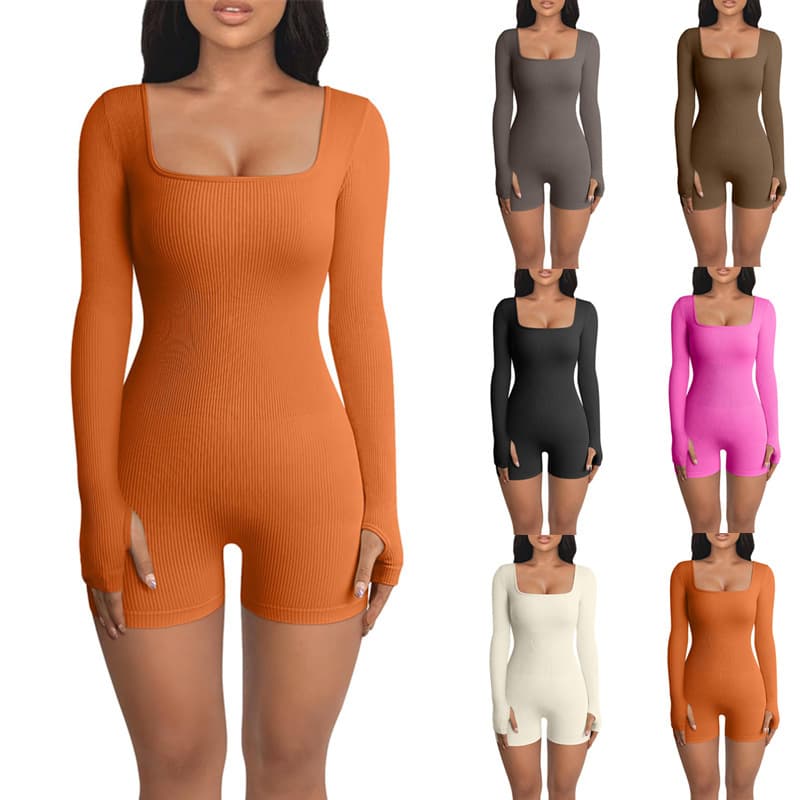 Amazon Independent Site Women's Jumpsuit Autumn and Winter New Arrival Threaded Square Neck Butt Lifting Slim Jumpsuit Shorts Tight