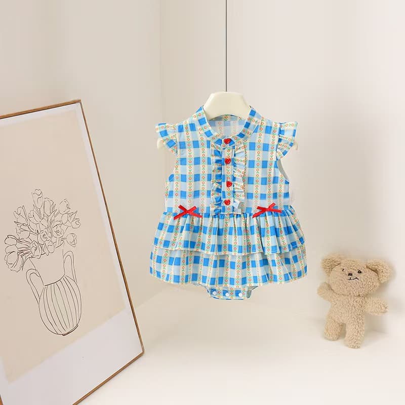 Summer new cute style baby blue plaid red heart skirt one-piece romper
