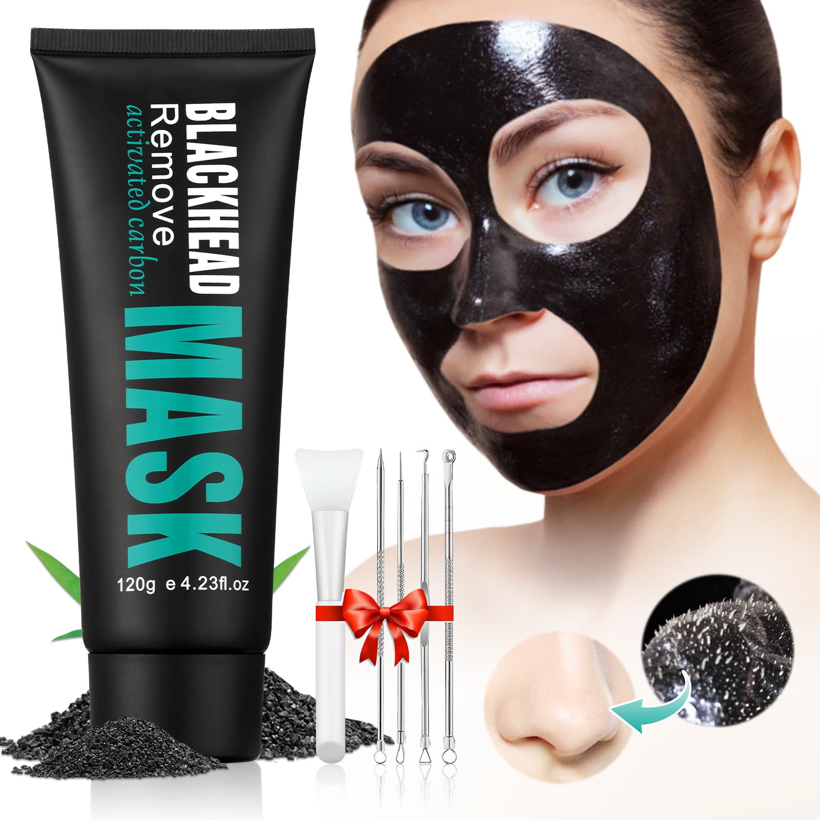 Blackhead Removal Nose Mask Set - Bamboo Charcoal Peel-Off Mask, T-Zone Care, Blackhead Removal Nose Strips, Brush, and 4 Acne Needles