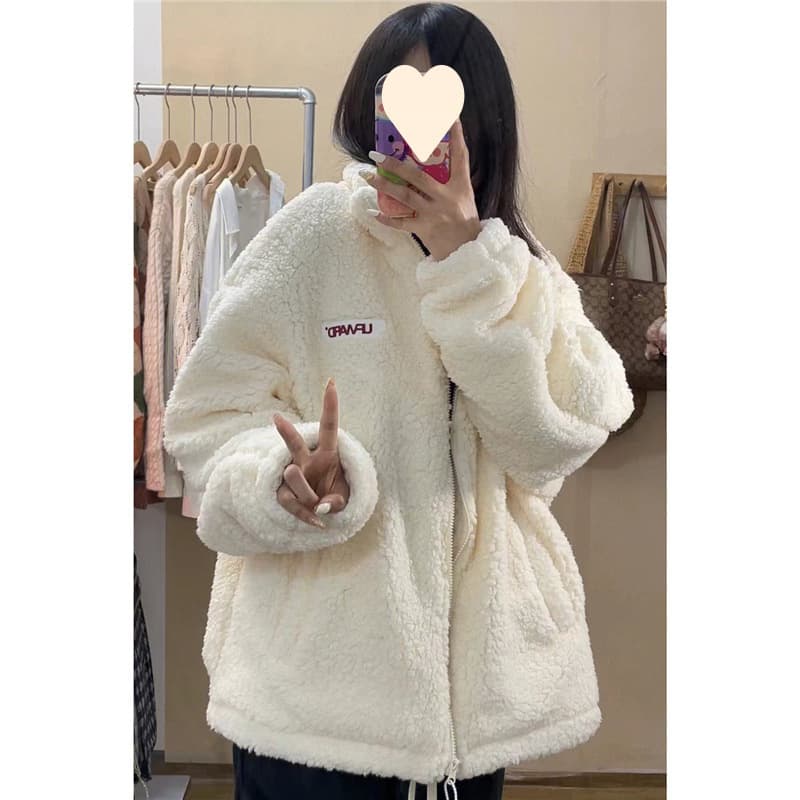 Ins warm shearling plush coat for women, autumn and winter student sweatshirt, Korean-style loose with fleece lining and thickened cotton jacket trendy.