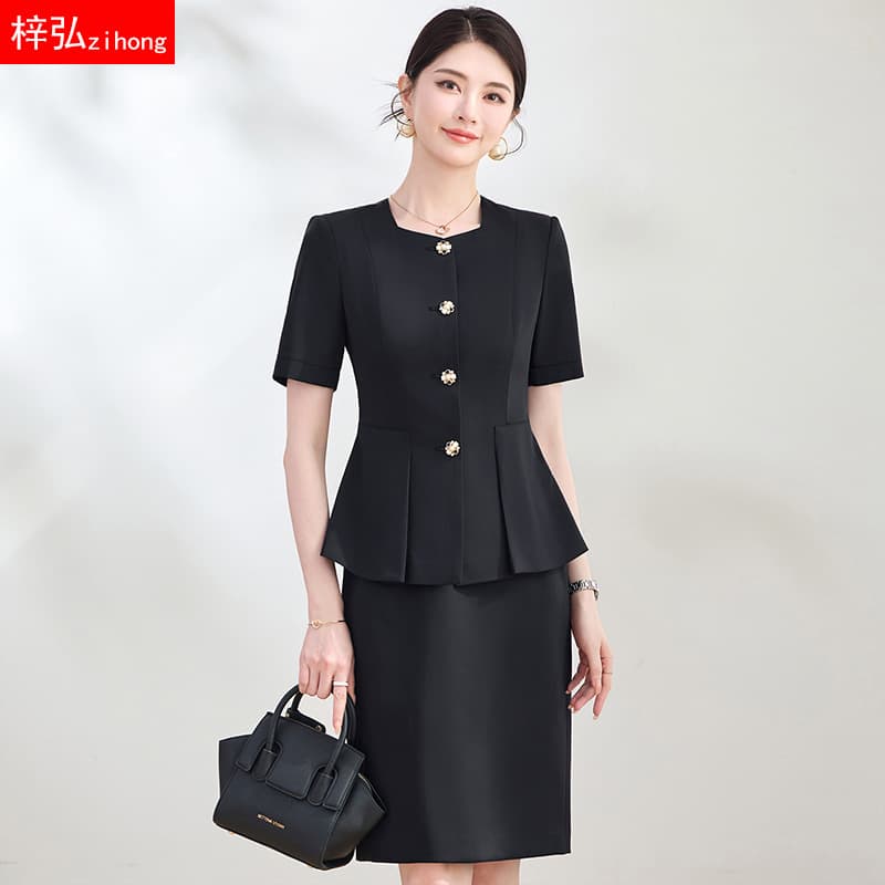 Black Short-Sleeve Blazer Dress for Women Summer Slim Fit Formal Suit for Jewelry Store Beauty Salon Front Desk Workwear