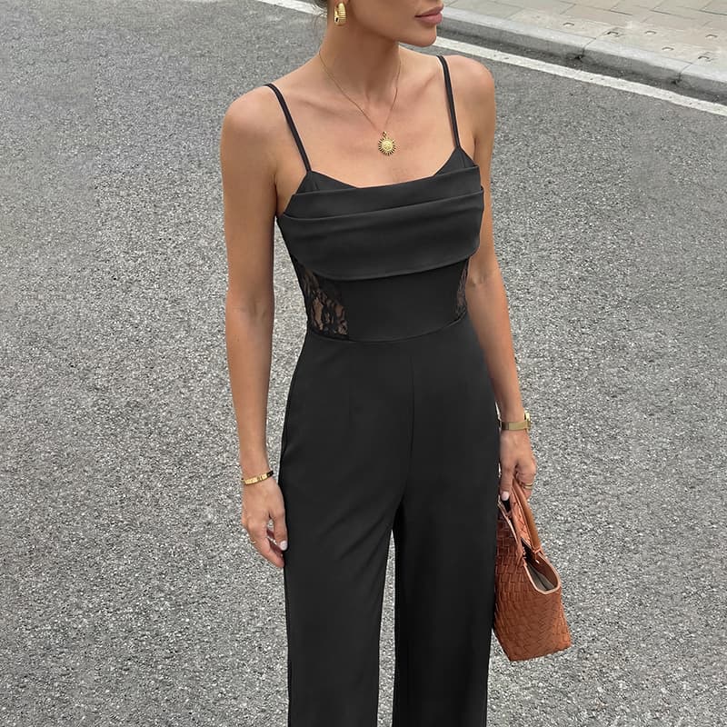 Tiktok Cross-Border European and American Style Slim-Fit Sleeveless Jumpsuit Summer Design with Lace Patchwork Hollow-Out Strap Jumpsuit for Women