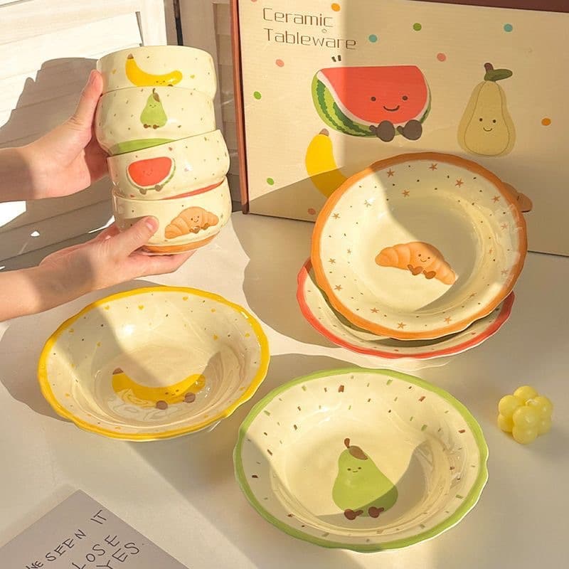 Fruit Croissant Ceramic Underglaze Rice Bowl, Round Plate, Deep Plate, Large Soup Bowl, Spoon Set, Feminine Style, Practical for Home Use