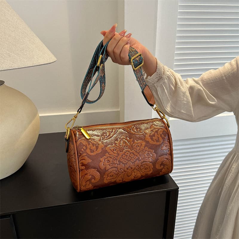 Women's New Ethnic Chinese Style Embossed Round Barrel Crossbody Bag Boston Bag for Mothers Fashionable Shoulder Bag