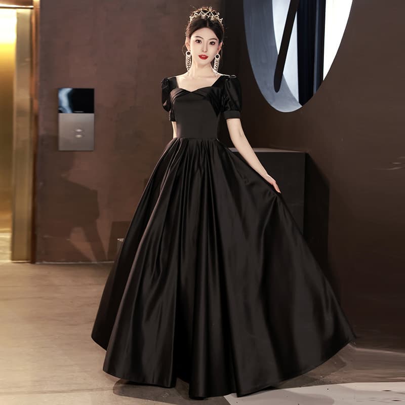 French Black Evening Dress Satin Fabric Audrey Hepburn Style Runaway Princess Light Luxury Birthday Party Host Graduation Dress Summer