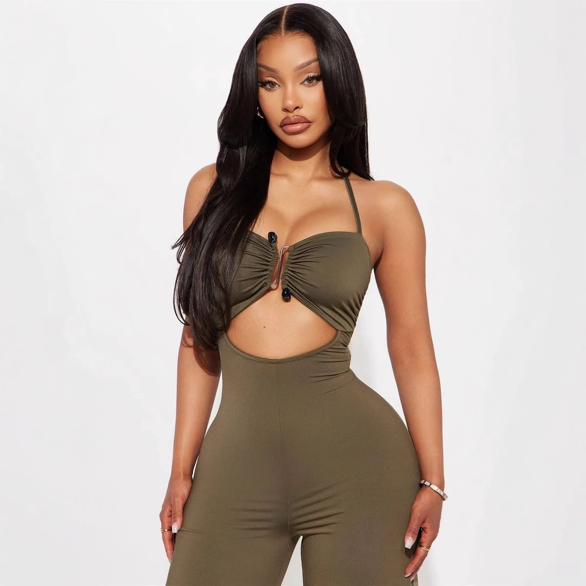 European and American New Cross-Border Fashion Elegant Solid Color Halter Metal Design Backless Cut Out Straight Jumpsuit