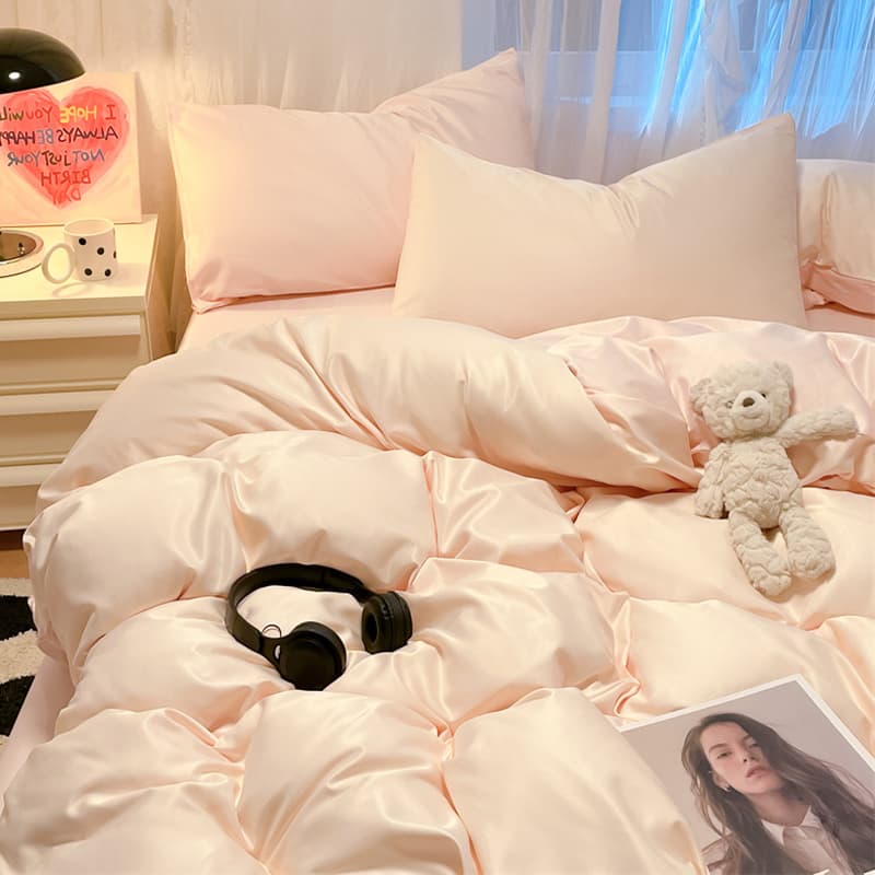 Solid Color Summer Ice Silk Four-Piece Set, Silk Cool Nude Sleeping Bed Sheet, Summer Cool Quilt Cover, Three-Piece Dormitory Bedding