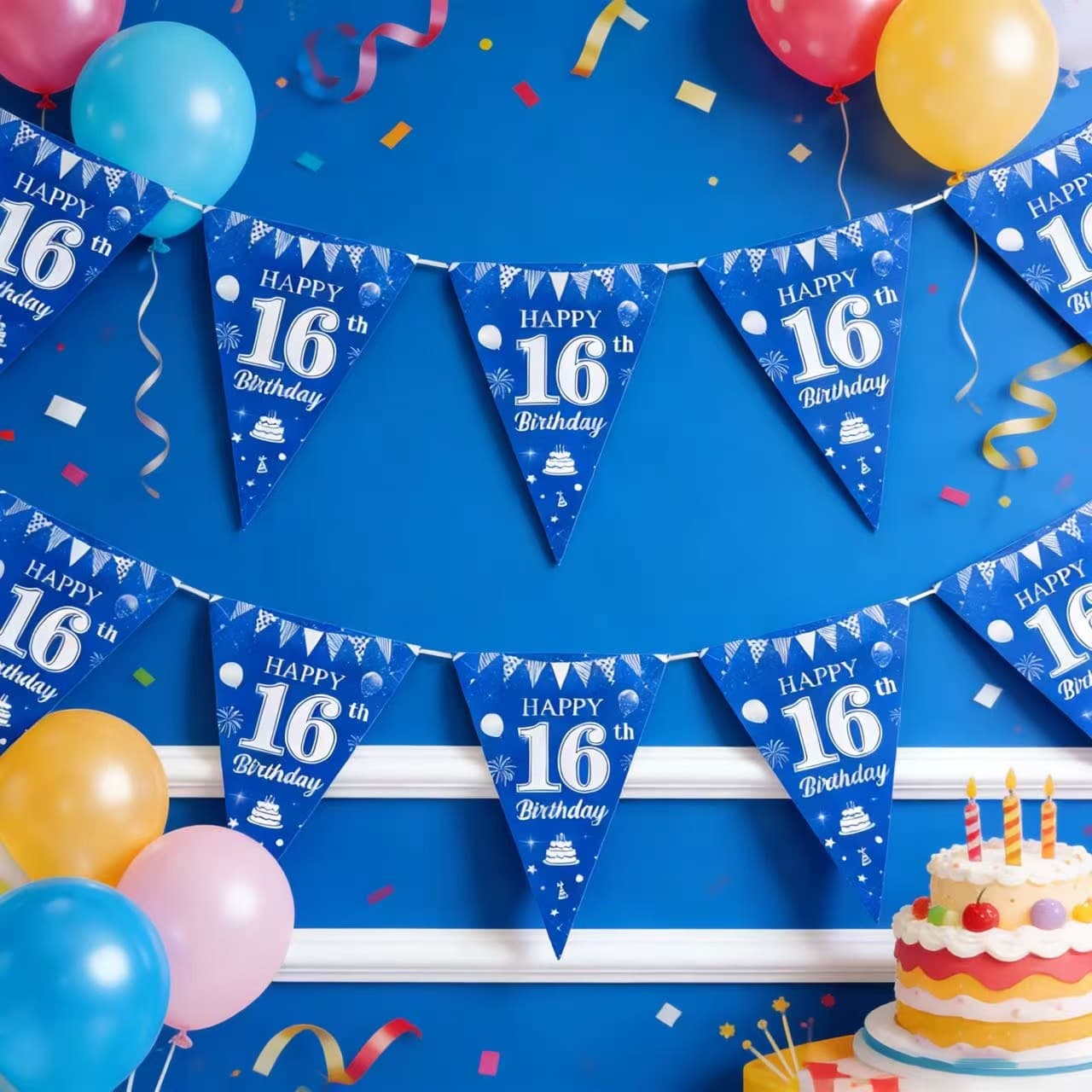 16th Birthday Blue Pennant Banner Party Wall Decoration Royal Blue Birthday Theme Background Setup Props