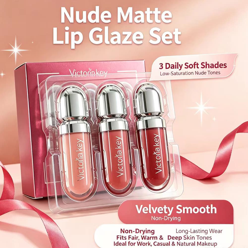 [Exclusive for cross-border supply] Victoria key pearlescent liquid lip glaze long-lasting non-stick cup waterproof fine glitter 3 pack