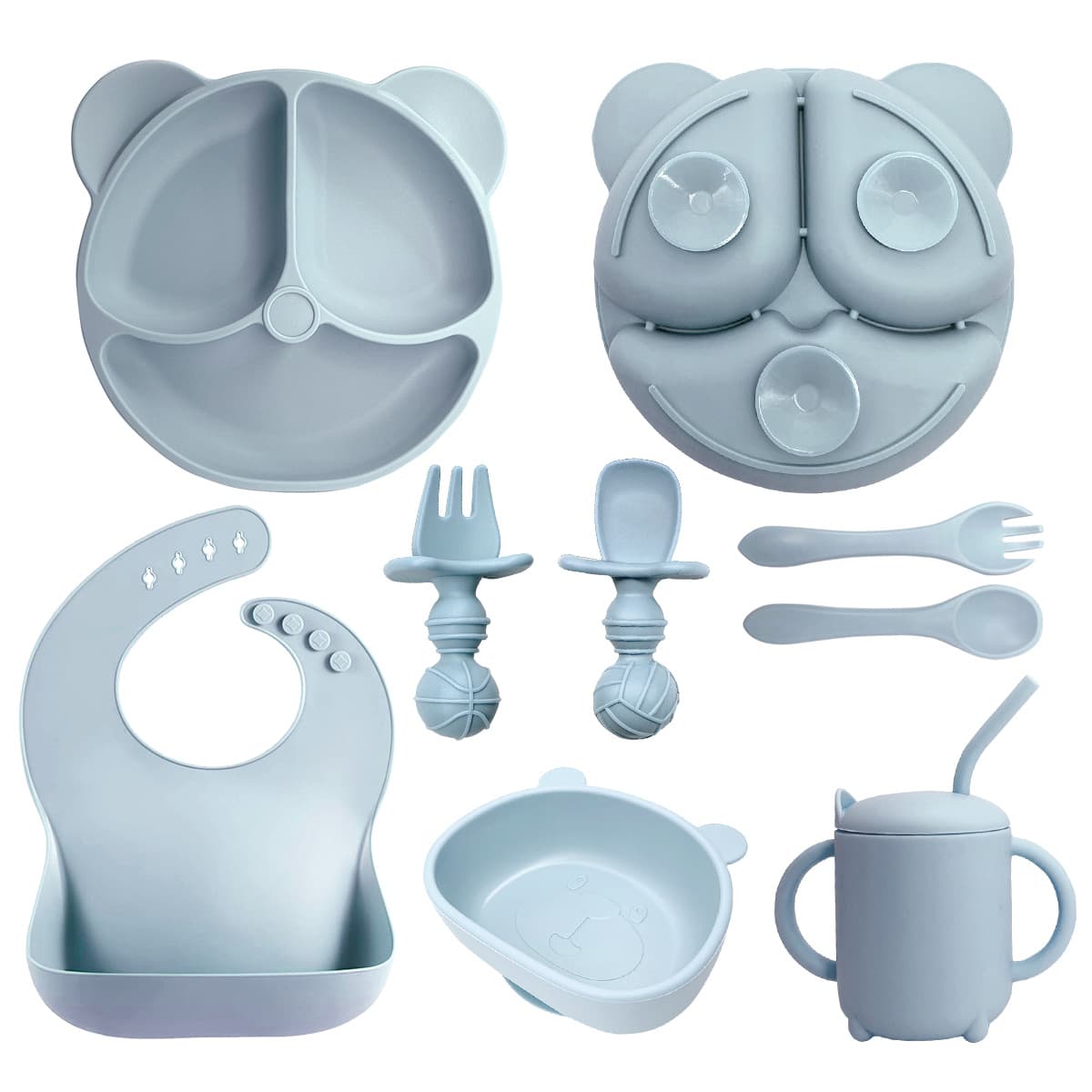 Kids Silicone Dinner Plate Set - 8-Piece Baby Feeding Set with Silicone Fork, Spoon, Bib, and Training Cup