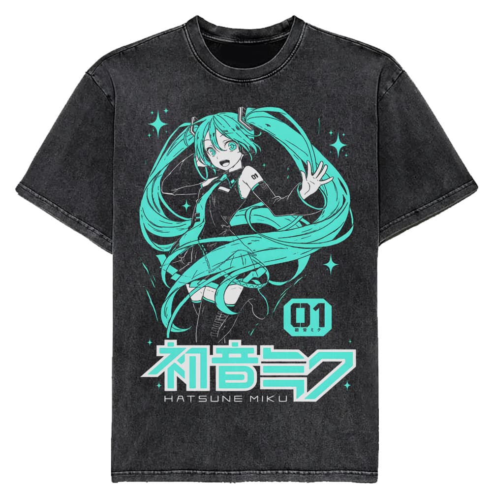 2025 new Japanese style Hatsune Miku anime cartoon washed retro distressed short-sleeved T-shirt