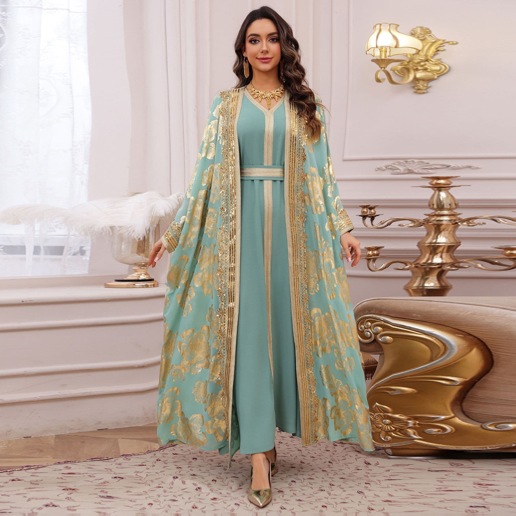 AB473 Fashionable Gold Foil Lace Flared Two-Piece Dress Party Set Dress