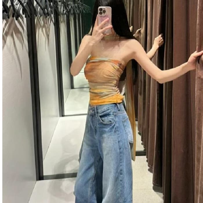 Sexy Pure Desire Spring Summer New Style off Shoulder Pleated Mesh Print One Shoulder Top Women's T-shirt Polyester Fiber Short