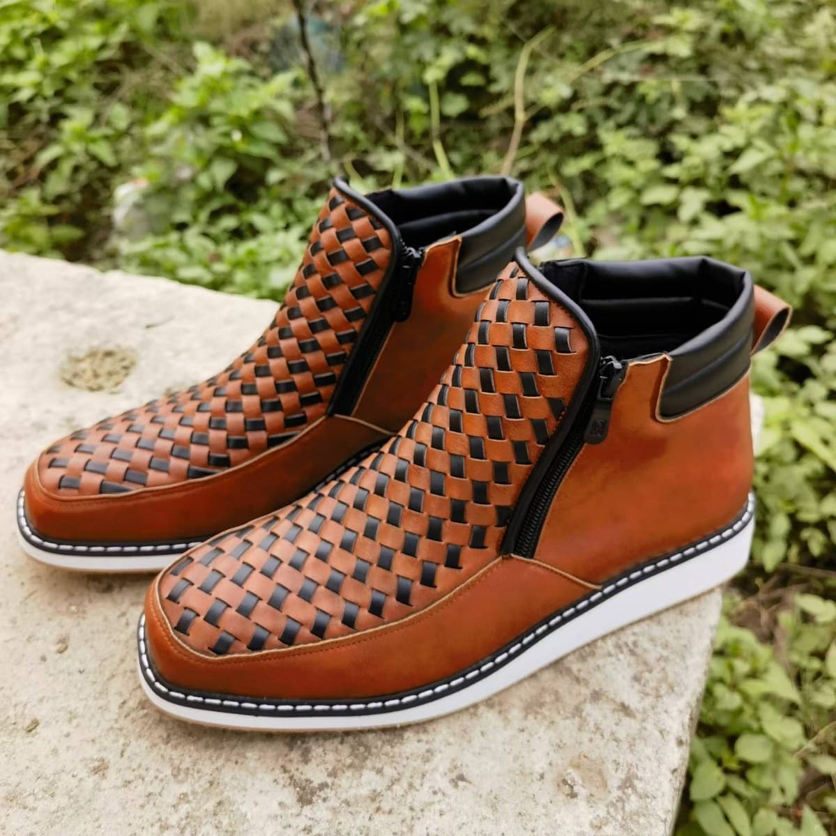 2024 Amazon Independent Website Cross-Border Foreign Trade New Style Side Zipper European and American Retro Hand-woven Western Cowboy Boots