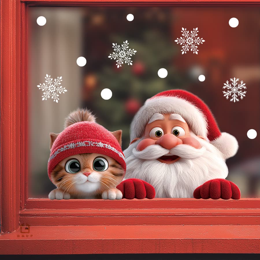 DH045 Kitten and Santa Claus 3D Visual Anime Static Cling Decal for Home and Shop Window Decoration
