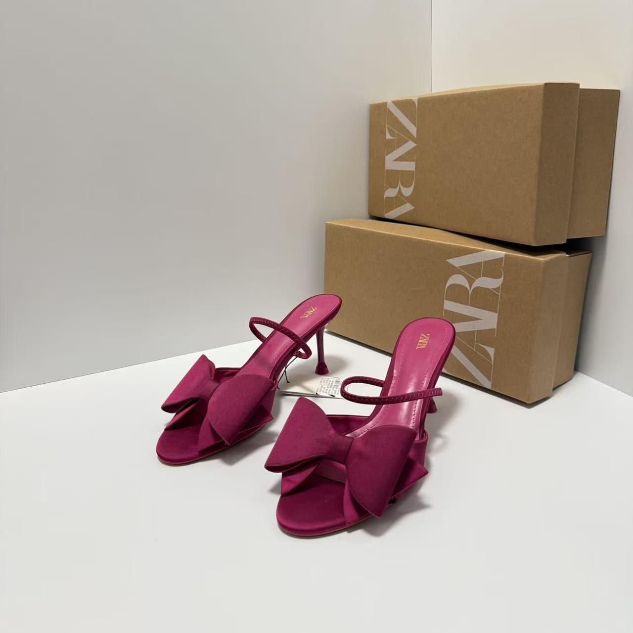 ZA Women's Shoes 2025 Spring New Arrival Satin Bow-Decorated High Heels Open Toe Backless Stiletto Heels